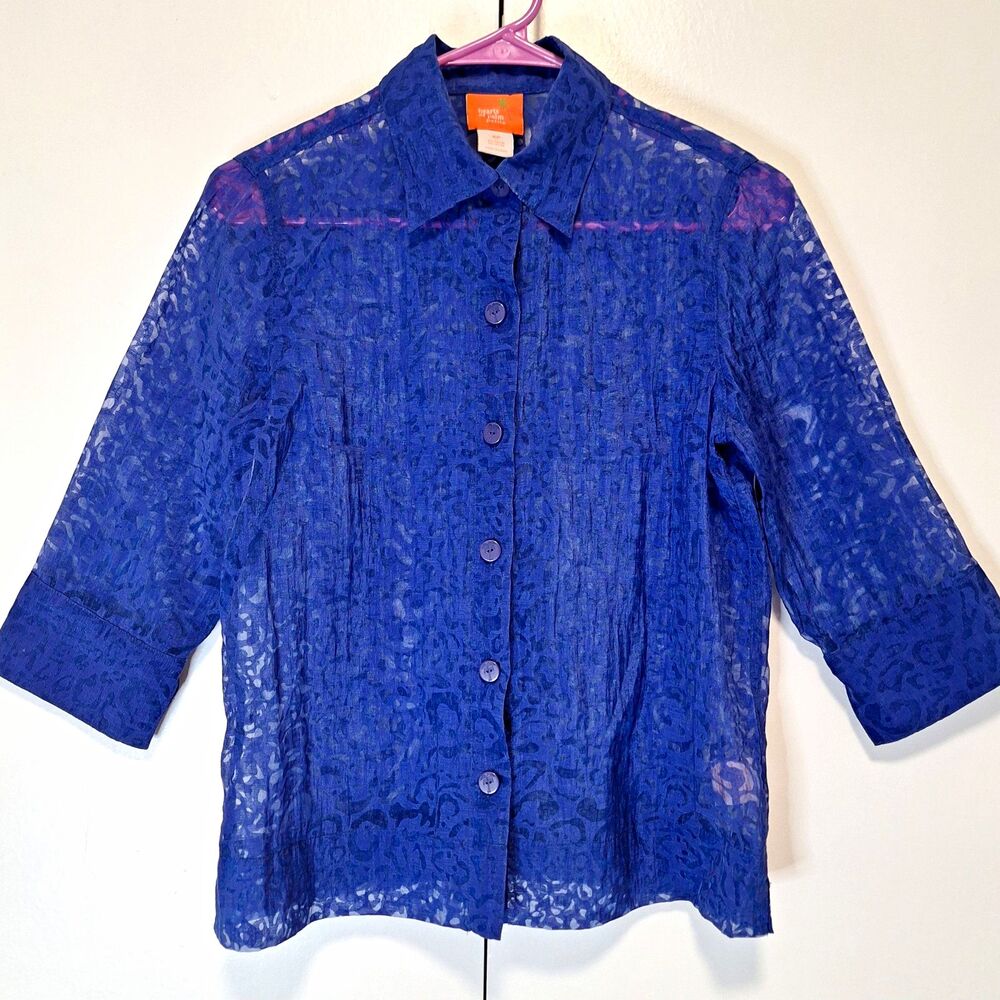 Hearts of Palm Petite Blue Sheer Lace Button-Front Blouse 4P 3/4 Sleeve